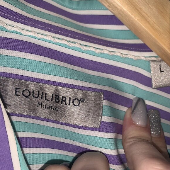 Equilibrio Milano Purple Teal Striped Button Down Long Sleeved Shirt Size Large - Picture 6 of 7